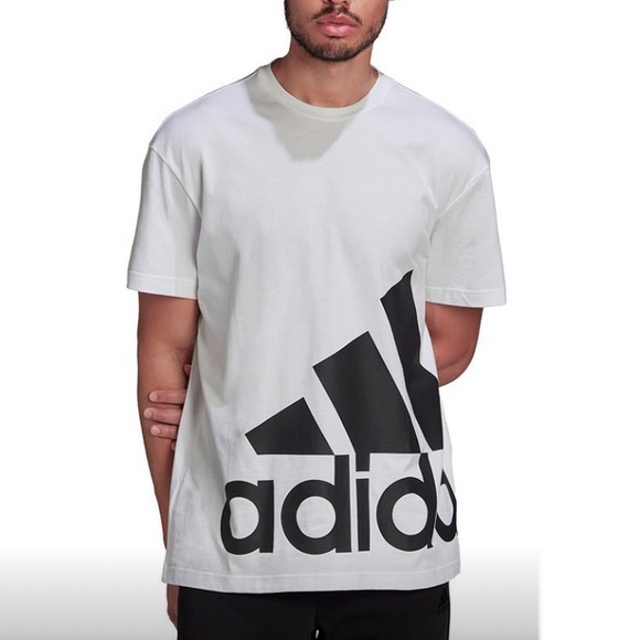 Men's adidas Essentials Giant Logo Tee White with Black logo *RUNS 1 SIZE LARGE* - Picture 1 of 14